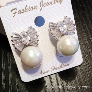 925 Silver Pearl Ear Studs Zircon White Pearl Earrings